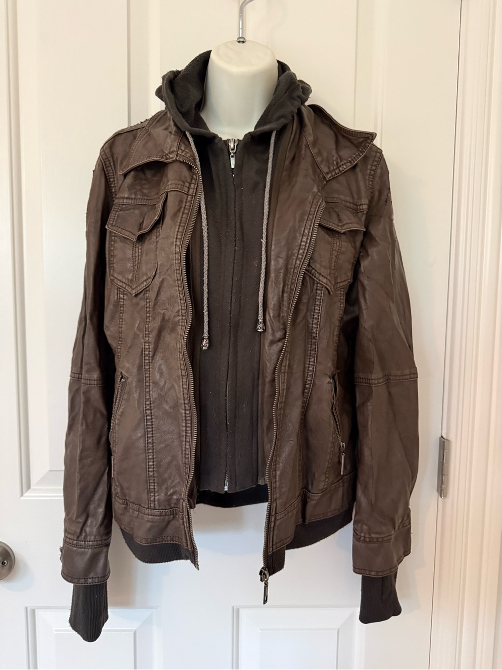 Vintage Women’s Brown Military-Style Layered Jacket with Hood Y2K - Grunge Style